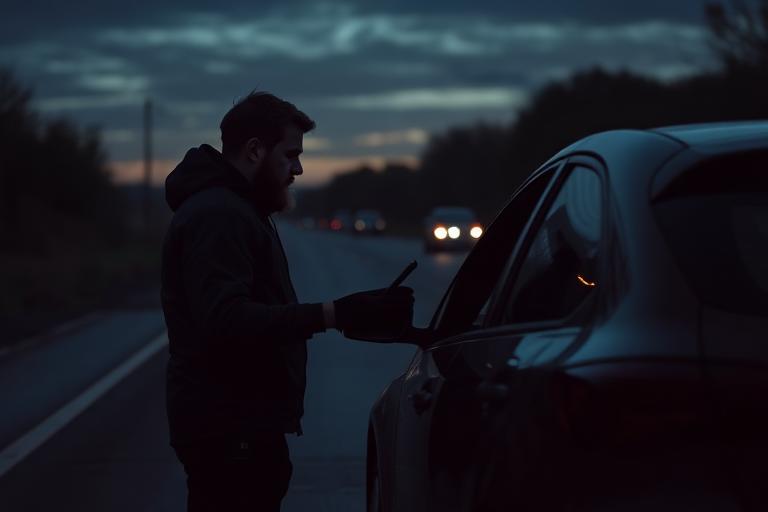Roadside technician checking a vehicle with a driver